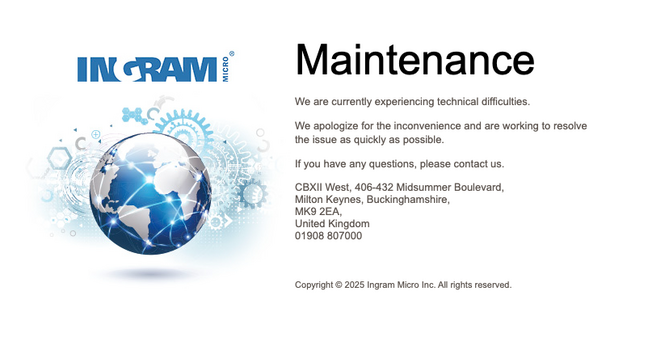 Ingram Micro UK website displaying maintenance splash page