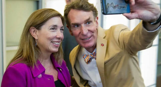Science educator Bill Nye, known as the Science Guy, takes a photograph of himself with NASA Deputy Administrator Lori Garver at the Planetary Society's 2012 Planetfest on Saturday, Aug. 4, 2012 beloved science educator Bill Nye and then NASA Deputy Administrator Lori Garver at the Planetary Society's 2012 Planetfest in 2012 i – ahead of Curiosity's landing on Mars