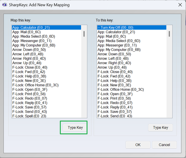 SharpKeys Add New Key Mapping