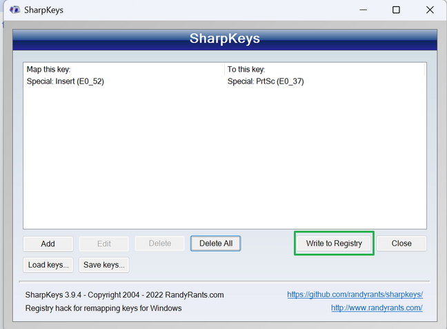 Click write to Registry