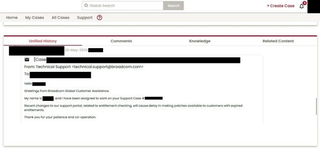 VMware support discussing patch availability