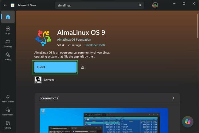 AlmaLinux OS 9 in Microsoft Store