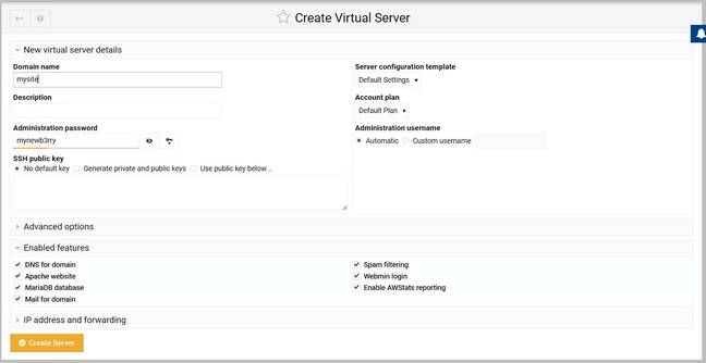 give your site a name and click Create Server