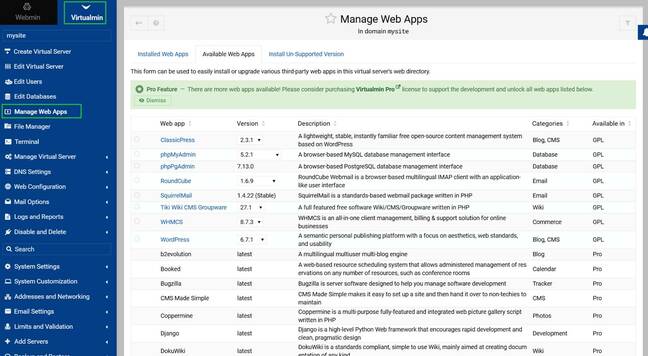 Navigate to Manage Web Apps in Virtualmin