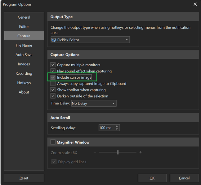 PicPick Program Options screen