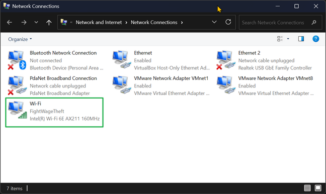 screen showing all network connections in Windows