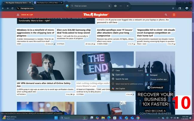 Click to Do highlights text in a graphic on El Reg home page
