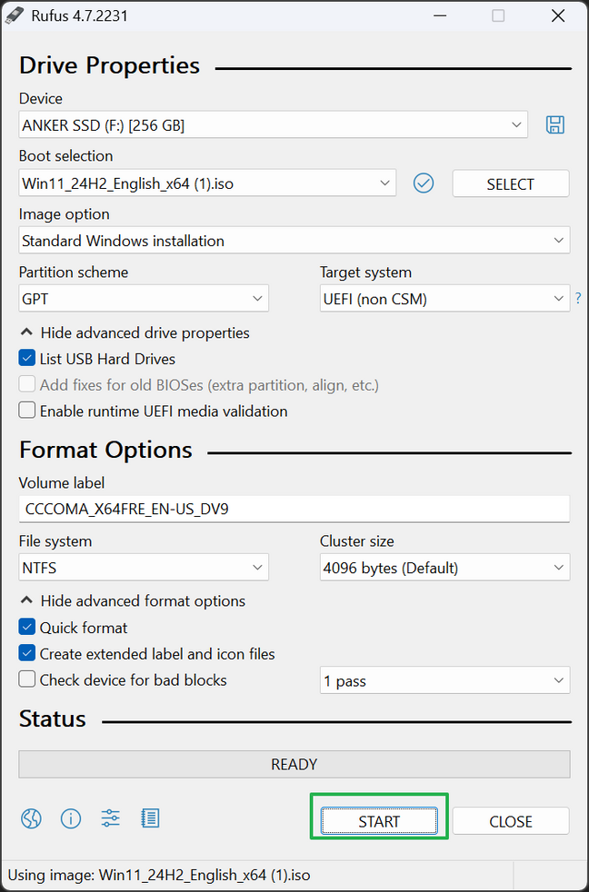 Click the Start button in Rufus
