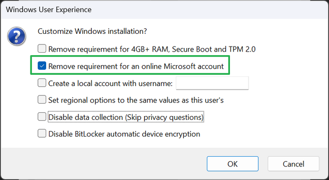 Click remove requirement for an online Microsoft account