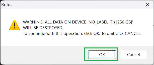 Rufus warns it will destroy all data on your device