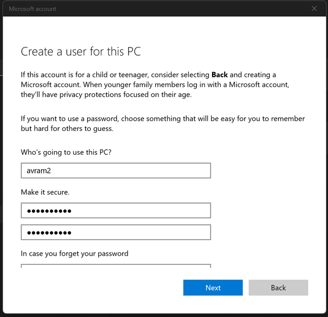 Enter username, password, and answers to security questions