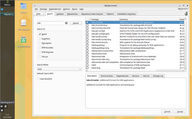 Leap 16 RC's Xfce with Labwc, showing a vertical deskbar and the new Myrlyn graphical package manager.