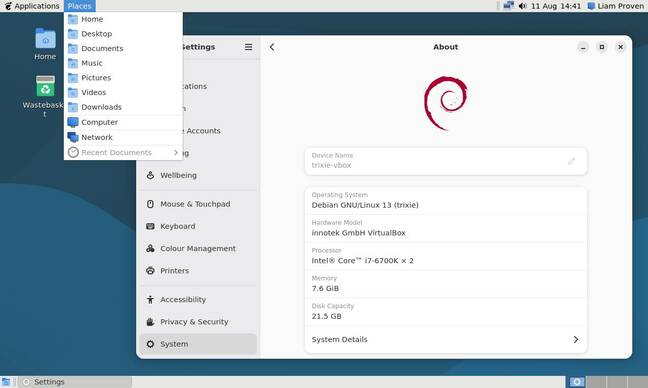 GNOME Flashback on Trixie showing the Settings|System screen and the Places menu opened.