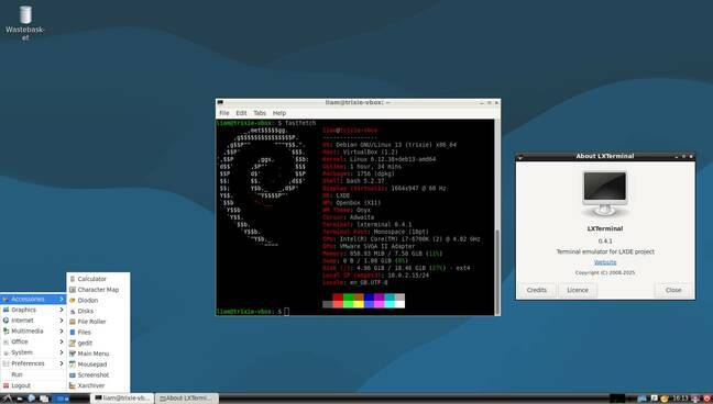 Trixie's LXDE desktop showing the Start menu and Fastfetch in LXTerminal 0.4.1. 