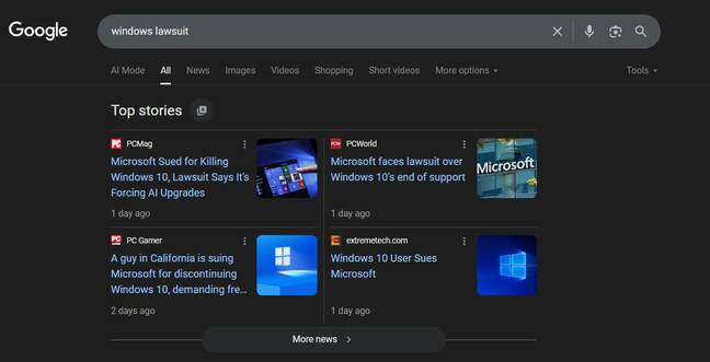Top Stories box for Windows Lawsuit search term