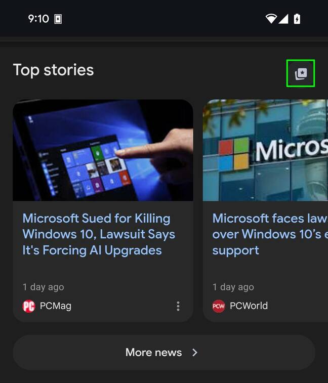 Tapping the Top Stories card icon on your mobile browser