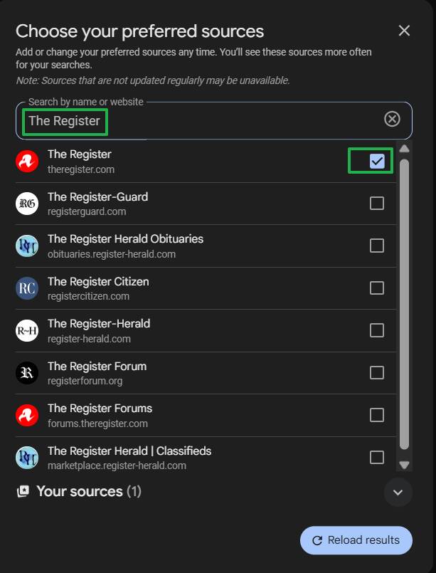 Google preferred sources dialog box