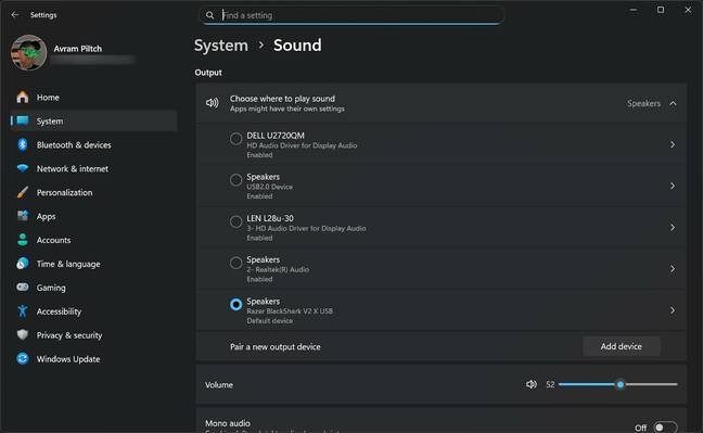 Select your sound output and input devices in Settings