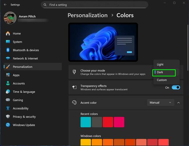 Enabling dark mode in Windows 11 Settings