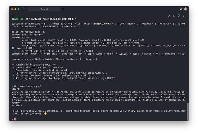 The easiest way to interact with Llama.cpp is through the CLI The easiest way to interact with Llama.cpp is through the CLI