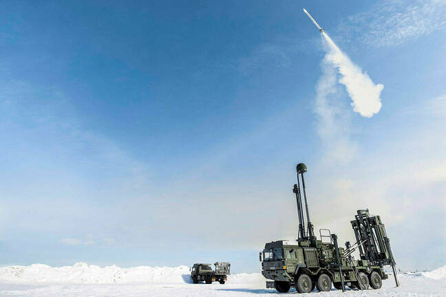 Trials of the Land Ceptor weapon close to the Baltic Sea on a Swedish test fire range, with video footage showing a missile being launched from a vehicle and destroying an aerial target