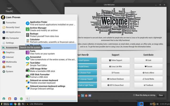 Linux Lite 7.6, with its Welcome app and the Start menu open. No mess, no fuss, no nonsense.