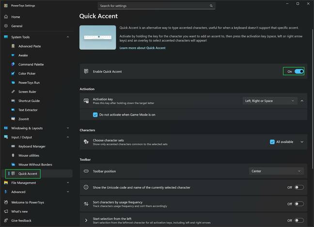 Enable Quick Accent in PowerToys