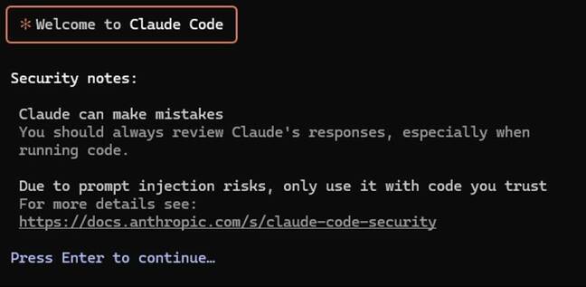 Claude Code warns developers to only use it with code you trust