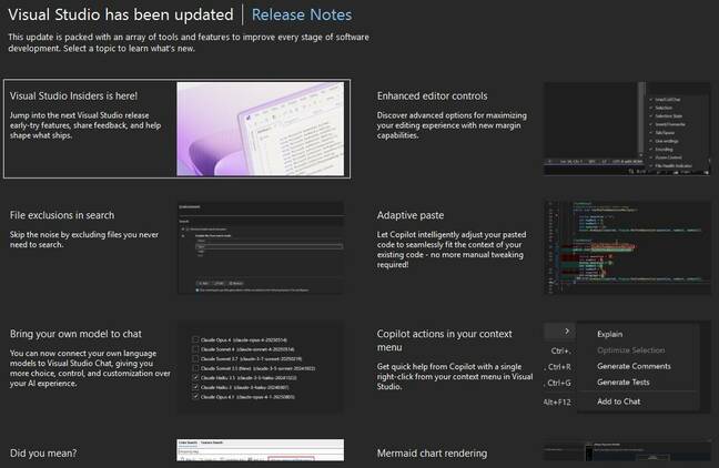 New features in Visual Studio 2026 include model choice and adaptive paste
