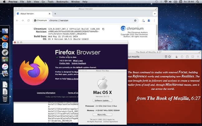 And this definitely shouldn't work, but here's the current Firefox (and Chromium 124) on OS X 10.7. And this definitely shouldn't work, but here's the current Firefox (and Chromium 124) on OS X 10.7.