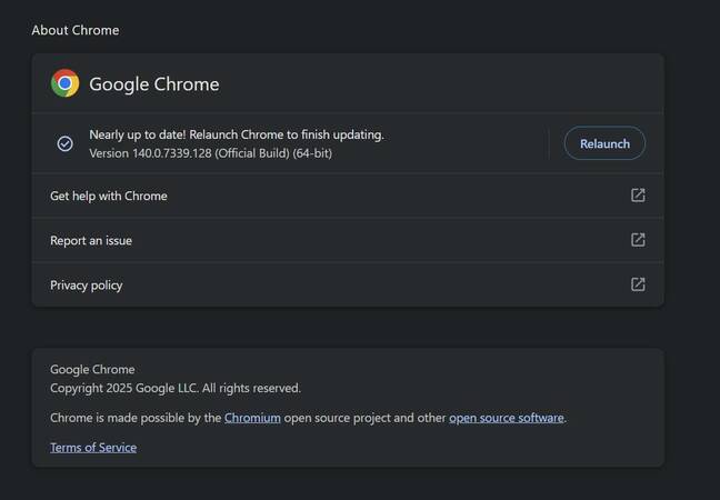 Chrome version page