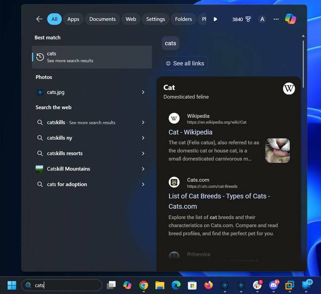 Bing results in Windows Search
