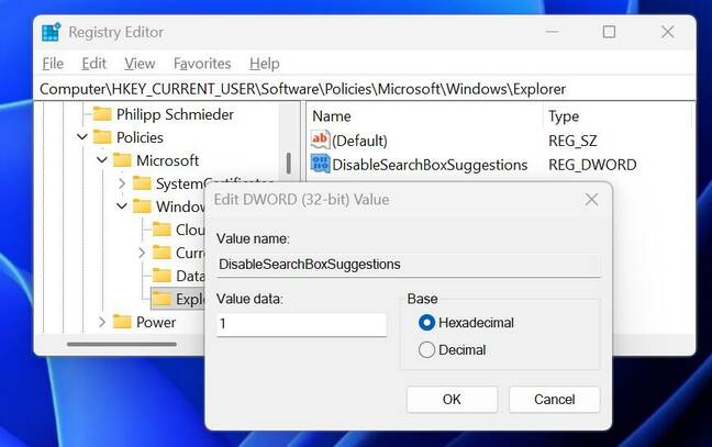 Rename the value to DisableSearchBoxSuggestions and set it to 1.