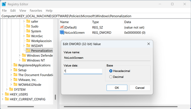 Add a DWORD (32-bit) value called NoLockScreen and set its value to 1.