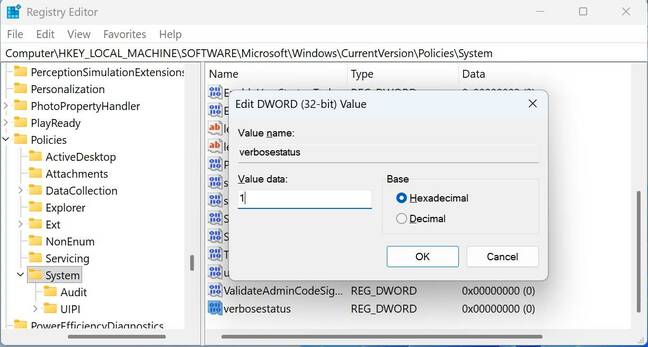 Create a DWORD value called verbosestatus and set it to 1