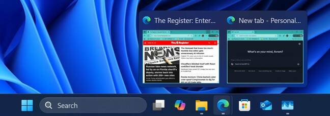 Hovering over a taskbar icon shows its different windows