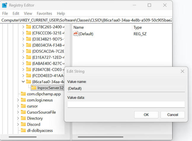 Create new key called InprocServer32