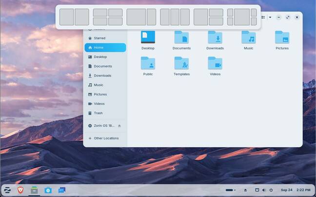 Zorin OS 18 desktop showing the Files app and the pop-over tiling assistant offering six alternative layouts