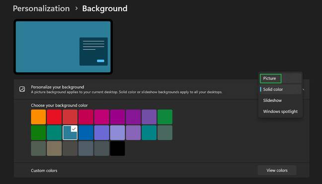 Select Picture from the Personalize Your Background menu Select Picture from the Personalize Your Background menu