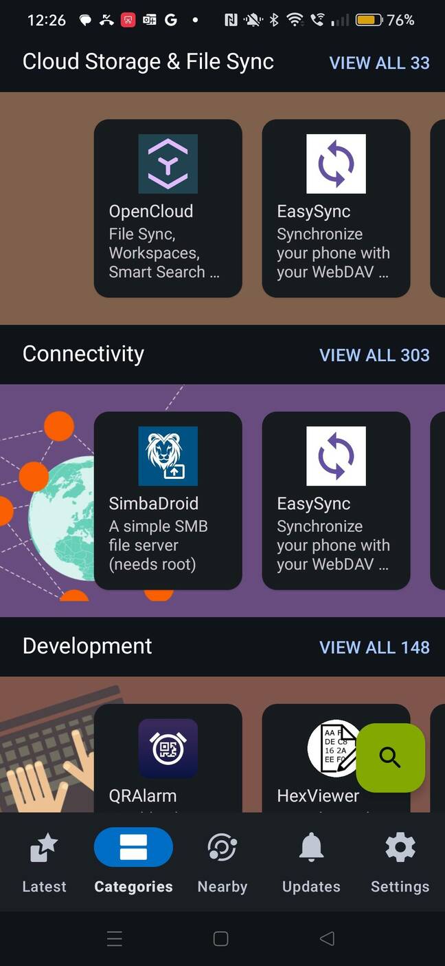F-Droid allows search and install of open source Android apps