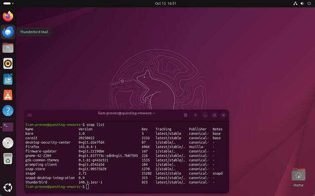 Ubuntu 25.10 Questing Quokka showing the GNOME desktop and a terminal window