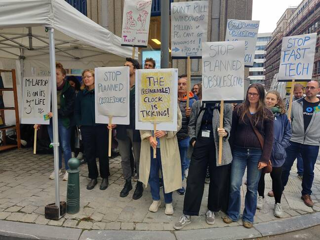 Protestors outside Microsoft's Brussels office (pic: Right to Repair Europe) Protestors outside Microsoft's Brussels office (pic: Right to Repair Europe)