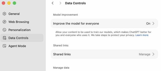 Screenshot of Atlas defaulting to sharing data for AI training