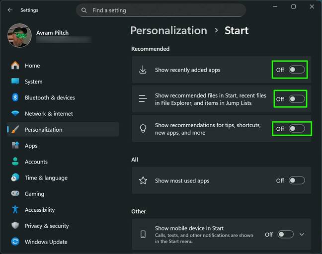 Toggle off the Recommended section Toggle off the Recommended section