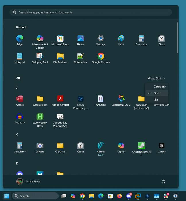 New Windows Start menu with grid view New Windows Start menu with grid view