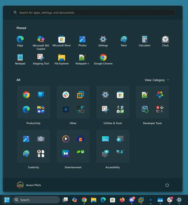 New Start menu with category view New Start menu with category view