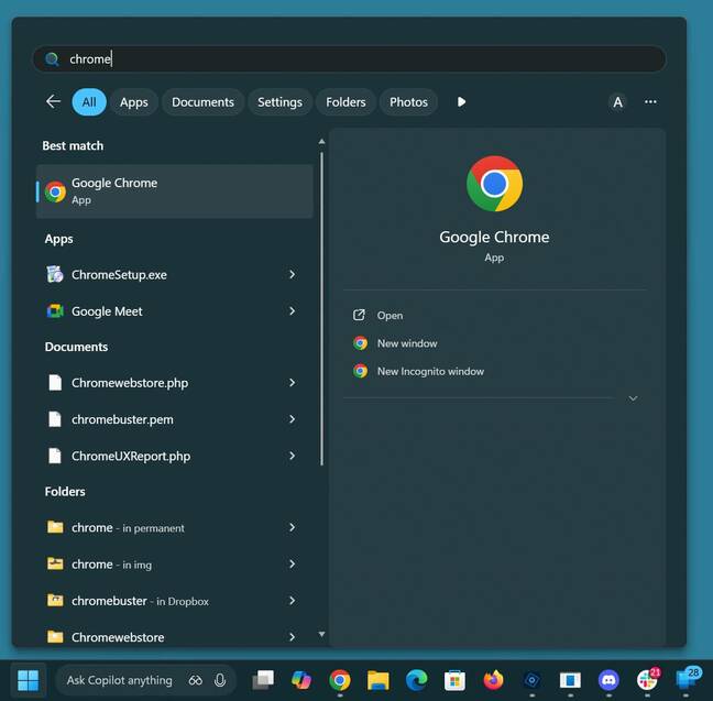Searching from the Start menu gives you regular search Searching from the Start menu gives you regular search