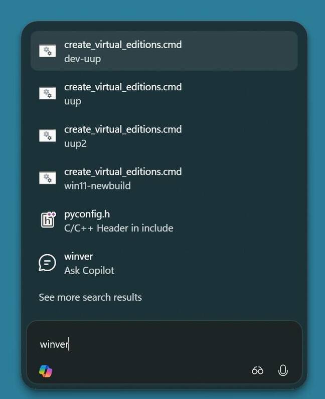 Finding winver via Copilot's search Finding winver via Copilot's search