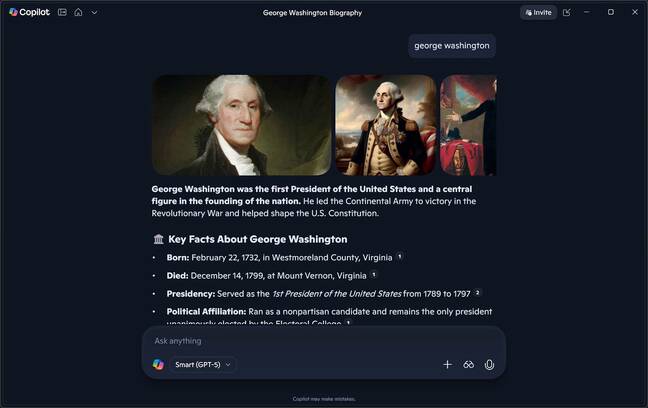 George Washington page in Copilot app George Washington page in Copilot app