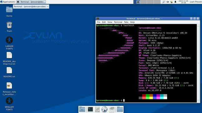 The Devuan live media defaults to Xfce – an appropriately no-nonsense choice. Xfce 4.20 desktop showing a terminal window with Fastfetch